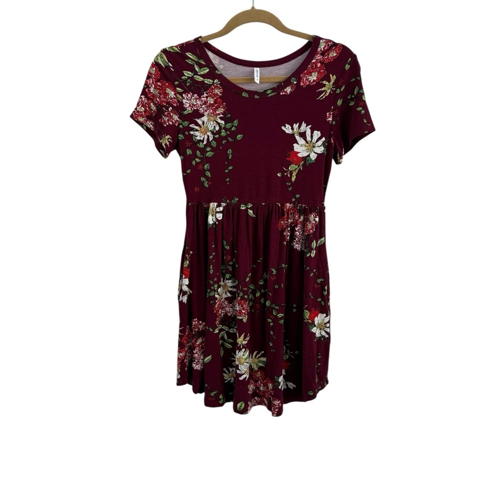 Longyuan Floral Burgundy Short Sleeve Dress